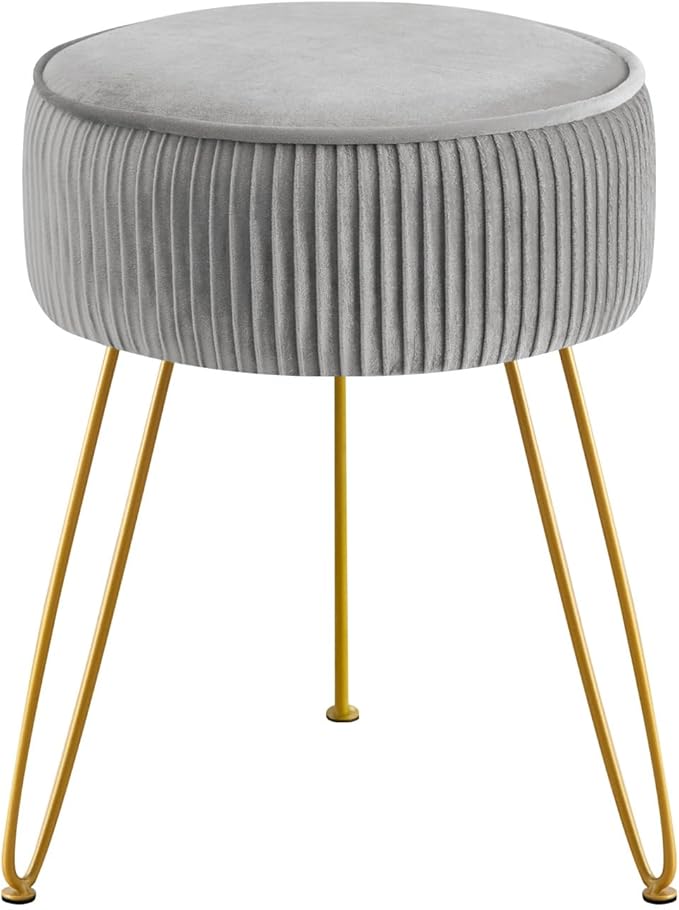 GERANT Multifunctional Vanity Stool,Modern Stools for Makeup Room,Velvet Round Ottoman Footrest Stool with Metal Legs, Upholstered Pleated Chair Living Room,Office, Artistic Gray, (ZG001)