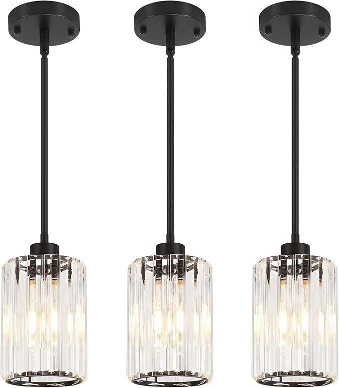 3 Pack Black Pendant Light, Modern Crystal Pendant Lights Kitchen Island Lighting, Hanging Light Fixtures Mini Chandelier Pendant Lights for Island Dining Room Hallway Bedroom