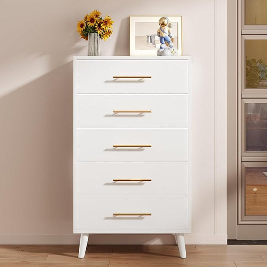 Aiho 5 Drawer Dresser, Tall Dresser with Metal Handles, Wood Storage Organizer for Bedroom, Hallway, or Entryway, White