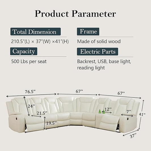 Power Recliner Sectional Sofa Set, Creamy Leather Sectional Couch for Living Room, L Shape Reclining Sofa with Cup Holder, Hidden Storage, Coffee Table for House(6 Seat)