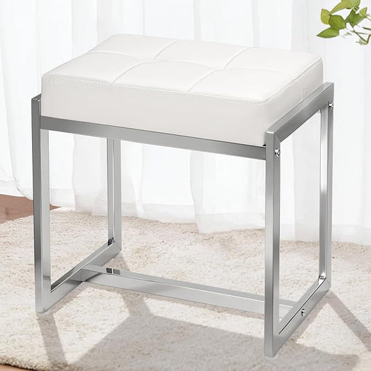 Vanity Stool, Vanity Chair Stools for Makeup Room, Faux Leather Small Makeup Bench, Modern Silver Metal Legs Ottoman Foot Rest for Bedroom Living Room, White & Silver