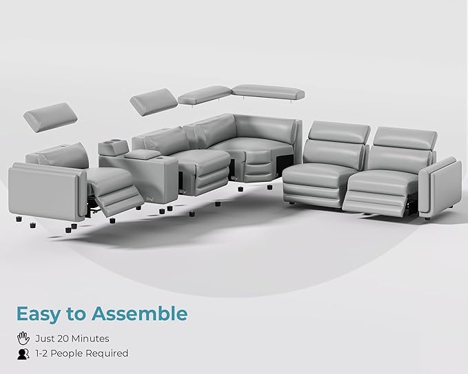 Jocisland Dual Power Recliner, Oversized 5-Seater Sofa with Console, 3 Bluetooth Speakers & Hidden Storage, Modern L Shaped Reclining Couch with 6 Charging Ports - Light Gray Leathaire