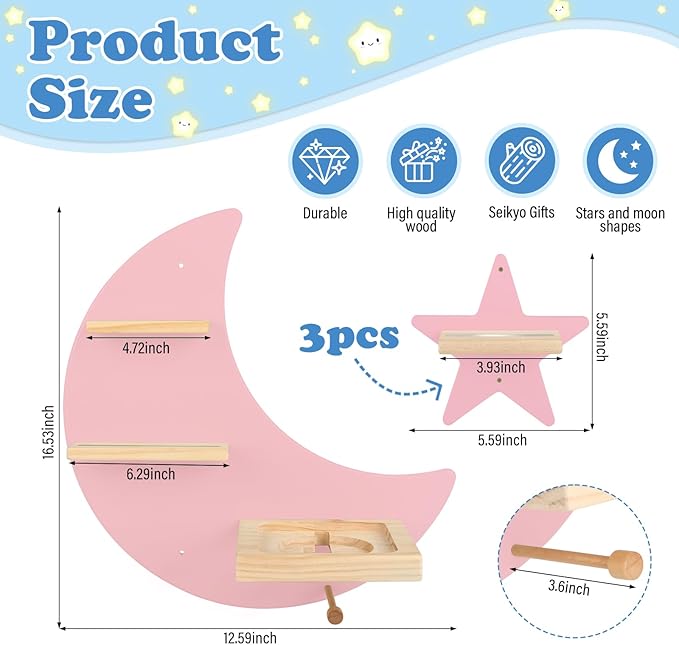 Moon + Stars for Toniebox 1/2 Tonies Figures Organizer Storage Shelf Wall Mounted, Magnetic Floating Shelves for Toniebox Player, Characters, Earphones, Display Collection 20~30 Characters (Pink)