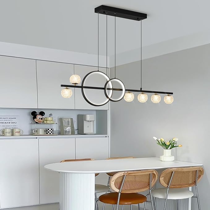 Modern Black Gold Chandeliers for Dining Room, 47in Dimmable LED Chandelier Linear Pendant Light for Kitchen Island, Upgraded 6 Globe Hanging Pendant Chandelier Lighting (2 Rings, 4200lm)