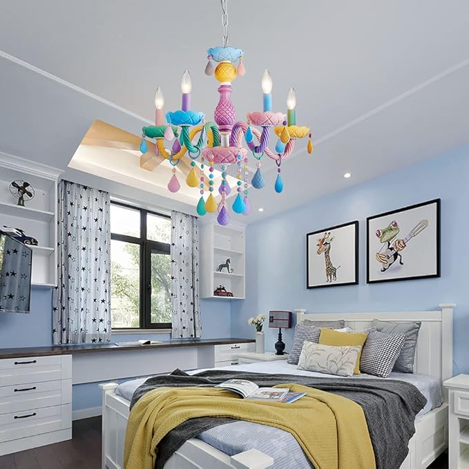 Shrine Lighting Multi Colored Crystal Chandeliers, Pastel Design, Perfect Colorful Chandelier for Bedroom Space, D23'' x H22'', Adjustable Chains 60", E12*5 Sockets, Youthful Spirits Color
