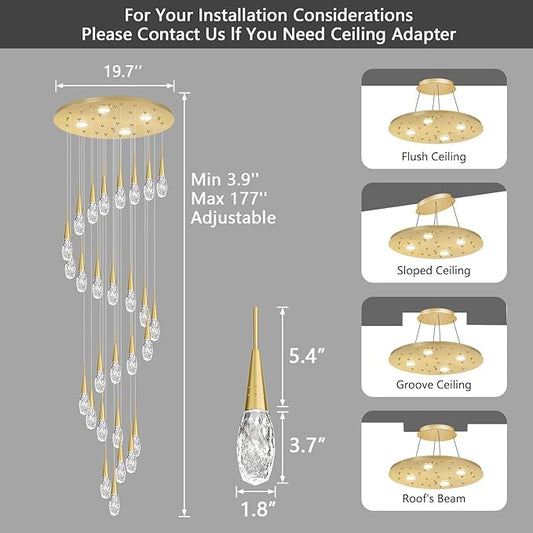 28-Lights 177 Inches Modern Chandelier LED Light Fixtures High Ceiling Long Light Chandelier for Entrance Foyer Dimmable Lights with Remote Living Room Ceiling Pendant Lighting Drop Lights Shine Gold