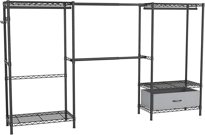 Coat Rack Clothes Wardrobe:Closet Organizer and Storage Clothing Garment Rack with Shelves Heavy Duty for Hanging Clothes Portable Adjustable Black 15.8" DX69 WX76.5 H