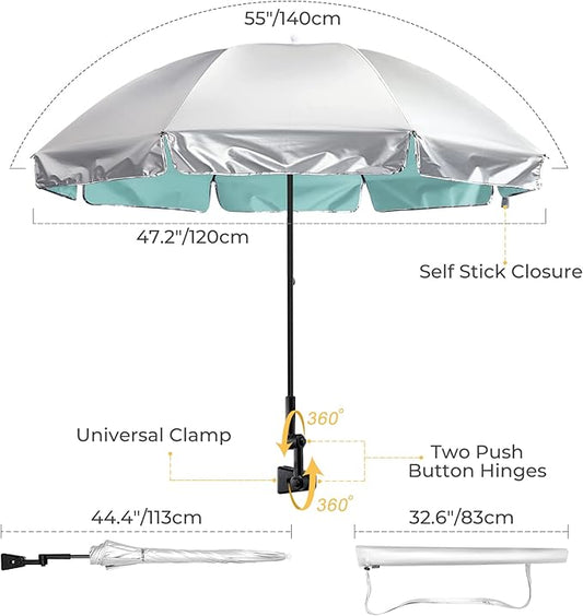 G4Free UPF 50+ Universal Clamp On Umbrella Adjustable Outdoor UV Protection Beach Chair Umbrella for Strollers, Wheelchairs, Patio Chairs, and Golf Carts