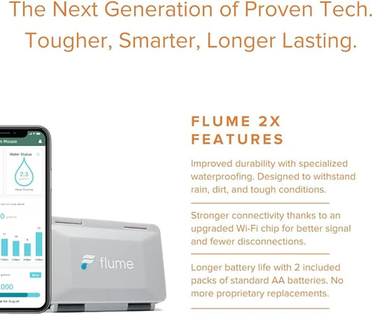 Flume 2X Smart Home Water Monitor and Leak Detector (Newest Model) – Real-Time Water Usage Tracking, Indoor/Outdoor Leak Alerts, Irrigation & Sprinkler Monitoring, Easy No-Plumbing Installation
