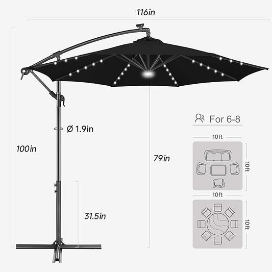 FLAME&SHADE 10ft Solar Cantilever Umbrella with 40 LED Lights, Lighted Large Offset Outdoor Patio Umbrellas, 8 Sturdy Ribs, UPF50+ UV Protection for Pool Deck Garden Yard, Black