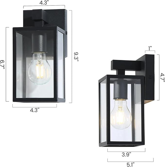 LALUZ Black Outdoor Wall Lights 2 Pack, 9.3'' Modern Farmhouse Rectangle Porch Lights Outdoor Wall with Clear Glass Set of 2, Waterproof Anti-Rust Exterior Outside Wall Sconces Lighting Light Fixtures