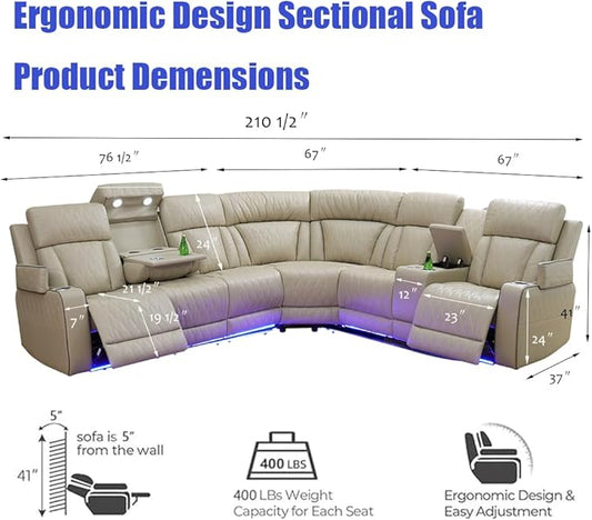 Brown Leather Recliner Sectional Couch with LED, Power Sectional Sofa and Loveseats, Power Recliner Sofa Set for Living Room, L-Shaped Couch Sets, Cup Holders, Hidden Storage for Home/Office