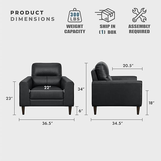 Lexicon Leather Match Accent Chair, Modern Sofa Armchair, Oversized Seat, Solid Wood Legs,Top Grain Leather Lounge Chair for Living Room, Bedroom, Office, Apartment, Waiting Room, Black