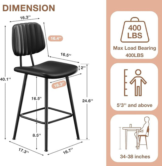 24-Inch Leather Bar Stools, Counter Height Barstools with High Backrest,Bar Chairs for Kitchen Island with Heavy Duty Metal Legs, Black