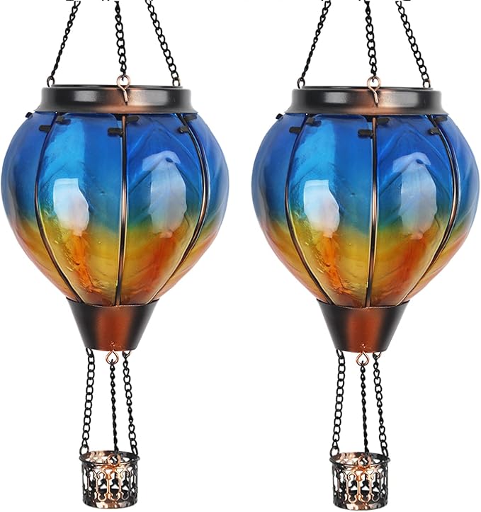 2PCS Gradient Solar Hot Air Balloon Outdoor Lantern with Flickering Flame LED Glass Gradient Hanging Outdoor Lights Waterproof for Patio Yard Garden Decor