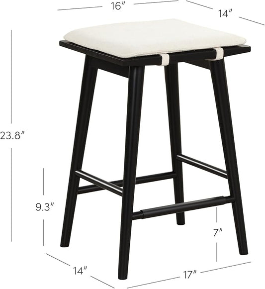 Nathan James Barker Counter Height Solid Wood Barstool with Upholstered Cushion, Backless Island Stool with Rubberwood Legs and Natural Textured Linen Upholstery for Kitchen, Black/White