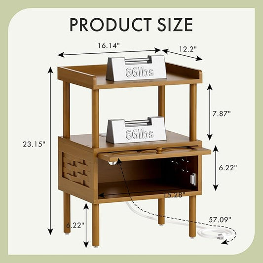 Amazer Bamboo Nightstand with Charging Station, Bedside Table with USB Ports & Outlets, End Table, Night Stand for Bedroom Lift-Up Drawer & Open Shelf, Walnut Brown