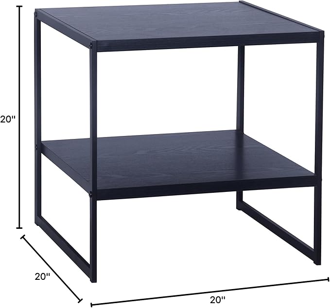Household Essentials Jamestown Square Side End Table with Storage Shelf Black Oak Wood Grain and Black Metal