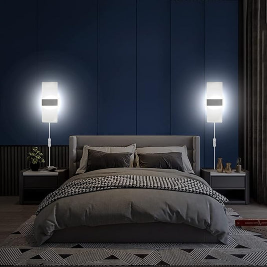 KICAAO Wall Sconces Set of Two, Modern Wall Sconce Plug in 10W 6000K Cool White Acrylic Wall Lights with 6FT/180cm Plug in Cord and On/Off Switch on The Cord