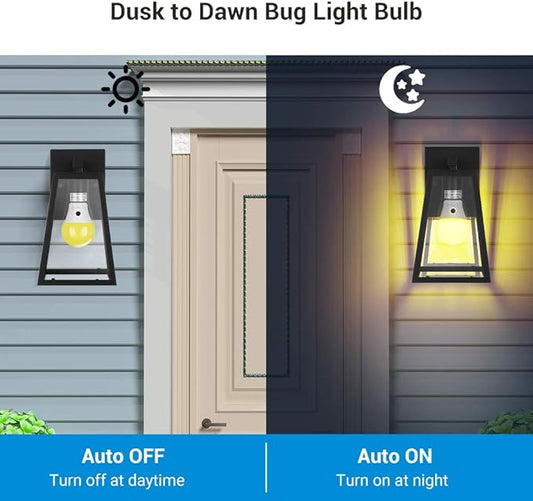 DEWENWILS A19 Dusk to Dawn LED Outdoor Light Bulb, Yellow Bug Light Bulbs for Outside, 2000K Amber Glow, 9W Equivalent 60W, E26 Base, LED Amber Light Bulbs for Porch, Patio, Backyard, 4 Pack UL Listed