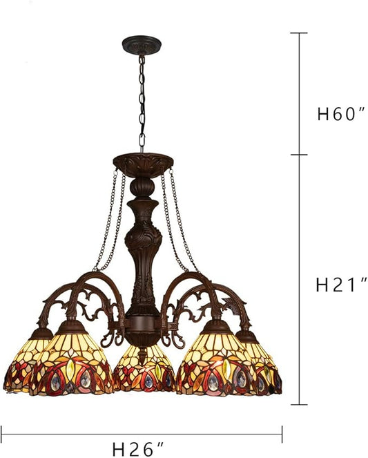 Capulina Tiffany Lamp Stained Glass Pendant Light Chandelier 5-Light Cream Brown Victorian Tiffany Style Pendant Light Fixtures for Dining Room Living Room Foyer Kitchen Home