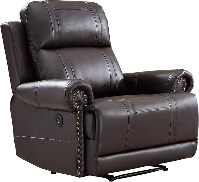 EBELLO Faux Leather Electric Reclining Chair, Power One Seat Sofa with USB and Type-C Charging Ports, Vintage Rivet Design for Small Living Room, Bedroom and Meeting Room, Brown
