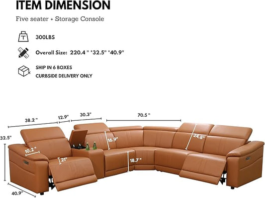 Breathing Leather Recliner Sectional Sofa, 5-Seat Reclining Sectional Couch with Adjustable Headrest&Storage Console, L Shaped Leather Couch with Dual Recliner for Living Room (Light Brown)