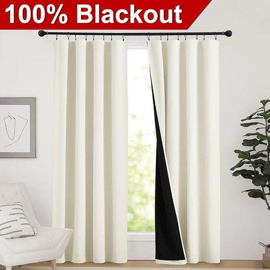 NICETOWN Living Room Completely Shaded Draperies, Privacy Protection & Noise Reducing Drapes, Black Lined Rod Pocket Window Treatment Curtain Panels for Patio Door (Beige, 2 Pieces, W52 x L84)