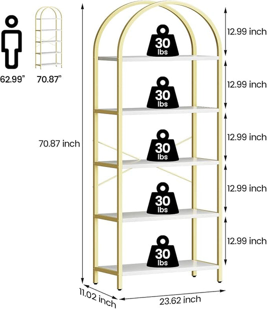CABIHOME Bookshelf Tall Bookcase Arched Standing Bookshelves Modern Display Racks 5 Tier Storage Rack Shelf Large Wood Book Shelf for Bedroom, Living Room, Home Office