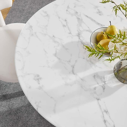 Modway Lippa 40" Mid-Century Dining Table with Round Artificial Marble Top in Gold White