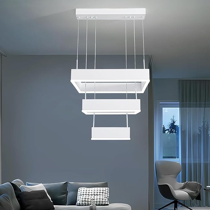 O'NEELDY 58W Square Chandelier Modern Pendnat Light with White Ring LED Chandeliers Adjustable Hanging Lamp Fixtures for Dining Room Kitchen Island Bedroom Cafe