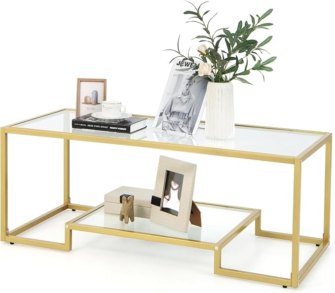 NAFORT Tempered Glass Coffee Table, 45 Inch Gold Rectangular Modern Center Table with Lower Storage Shelf