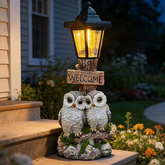 Outdoor Garden Owl Statue with Solar Lights, Owl Figure with Welcoming Sign,for Outdoor Landscapes, Courtyards, Paths,Outside Patio Lawn Decor,Gifts for Women, Owl Lovers