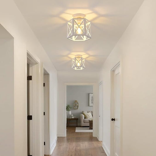 2 Pack White Semi Flush Mount Ceiling Light, Modern Hallway Light Fixture, Vintage Metal Hexagonal Ceiling Lamp for Kitchen Entryway Porch