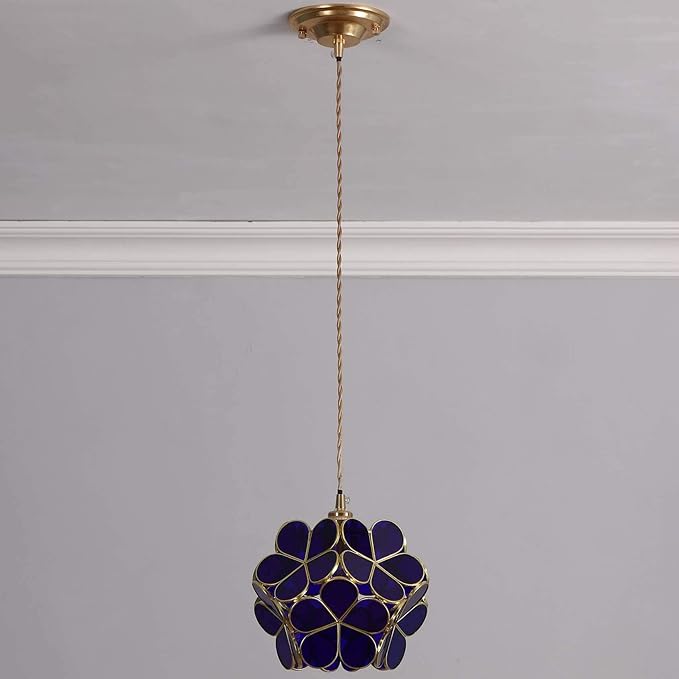 Bieye L10746 Petals Tiffany Style Stained Glass Ceiling Pendant Light with 8-inch Wide Lampshade (Cobalt Blue, 8" Cherry Blossom)