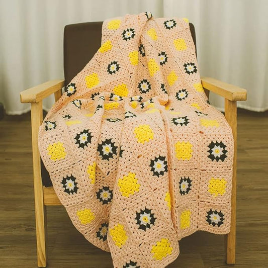 RISEON Handmade Granny Square Crochet Throw Blanket Sweater Style Mat, Crochet Quilt, Multicolor Boho Travel Accent Decor Throw for Sofa Comforter Couch Bed Recliner Living Room Bedroom (Pink)