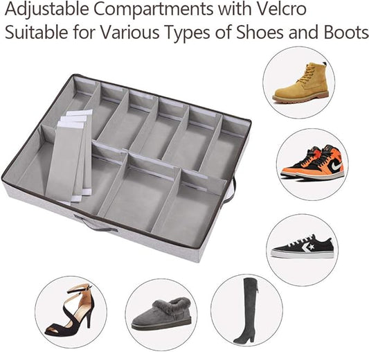 HOONEX Under Bed Shoe Storage Organizer with Adjustable Dividers, Shoe Holder with Leather Handles, 2 Pack, Store 24 Pairs, Grey