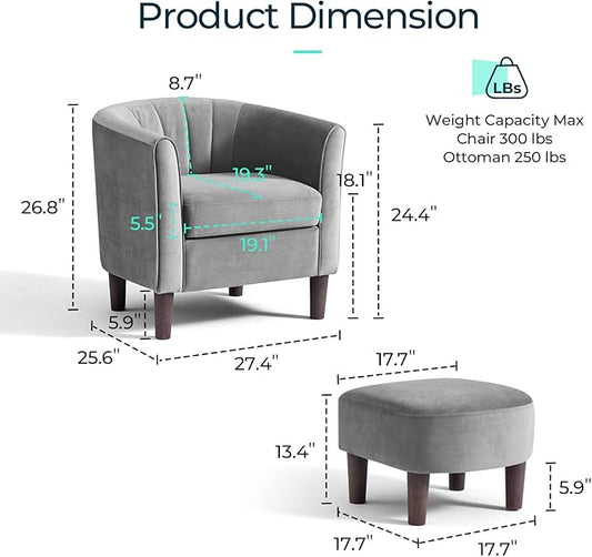 LINSY Accent Chair with Ottoman, Modern Barrel Chair Small Armchair Reading Chair with Footrest, Comfy Round Arms Chair for Living Room Bedroom Reading Room, Velvet, Grey