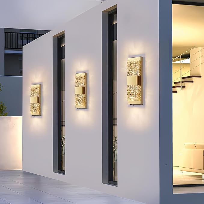 Dusk to Dawn Outdoor Lighting,Porch Lights Outdoor 14.2'' IP65 Waterproof Exterior Lighting Fixtures 12W LED Crystal Modern Outside Lights for Hallway Doorway Porch Patio Backyard, Gold, 2PCS