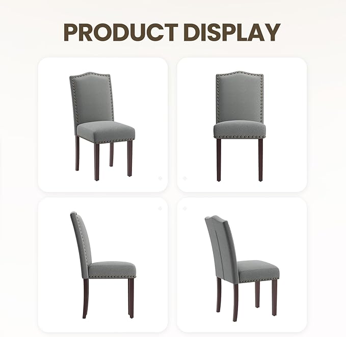 COLAMY Grey Upholstered Parsons Dining Chairs Set of 2,Comfortable Foam Seat, Classic Nailhead Trim, Solid Wood Legs, Stable & Easy to Assemble for Dining Room, Kitchen, Living Room & Café