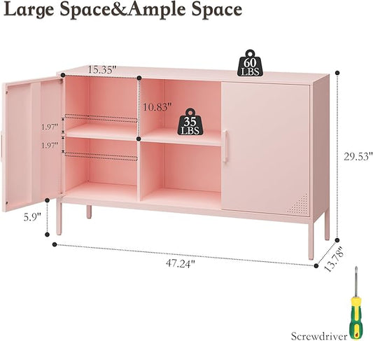 Accent Cabinet with 2 Door and Shelves TV Stand Metal Kids Locker Storage Cabinet Multipurpose Buffet Sideboard for Living Room, Kitchen, Bedroom, Dining Room, Entryway (Pink, H29.53'')
