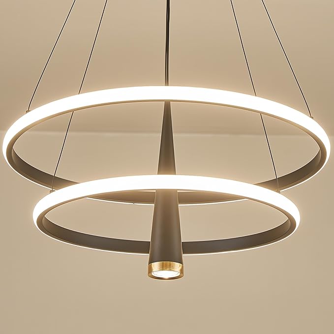 Modern LED Chandelier, Dimmable 20in Black Kitchen Pendant Light Fixture Dining Room Lights Ceiling Hanging, 2 Ring Round Chandeliers for Bedroom Living Room Staircase Over Table (3360lm)