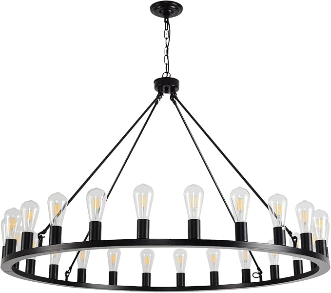 Wagon Wheel Chandelier 24-Light 48-Inch, Black Round Rustic Farmhouse Chandelier Extra Large for High Ceilings, Dining Room, Living Room