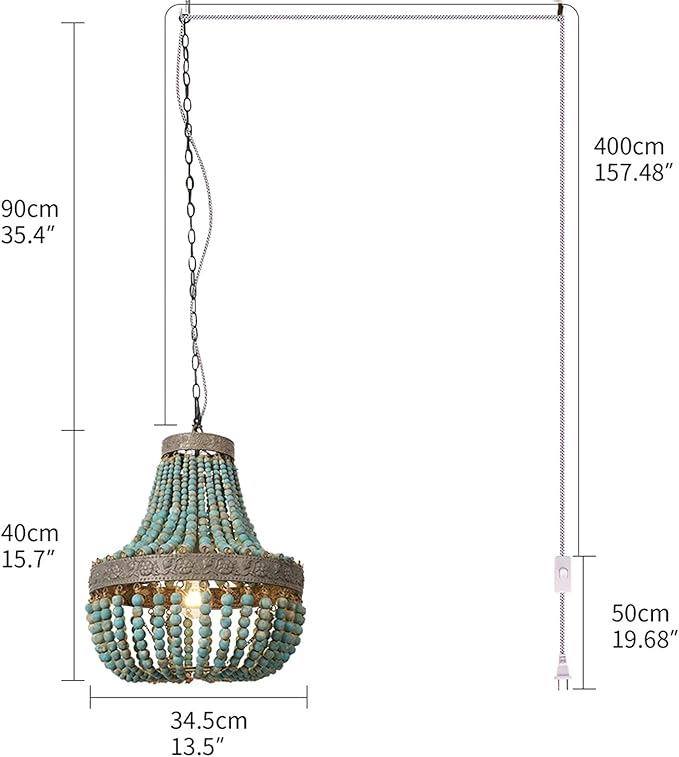 Newrays Wood Bead Chandelier Pendant Bohemian Boho Beachy Ceiling Lamp Light Fixtures (Gray Blue-Small Plug in, 13.58 in*15.74 in)