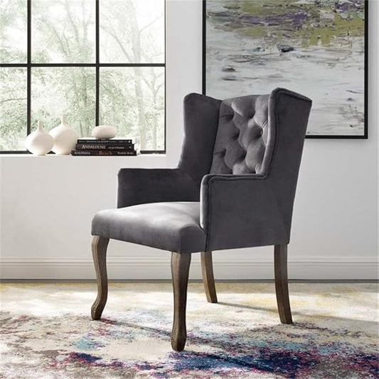 Modway Realm French Vintage Tufted Performance Velvet Kitchen and Dining Room Arm Chair in Gray