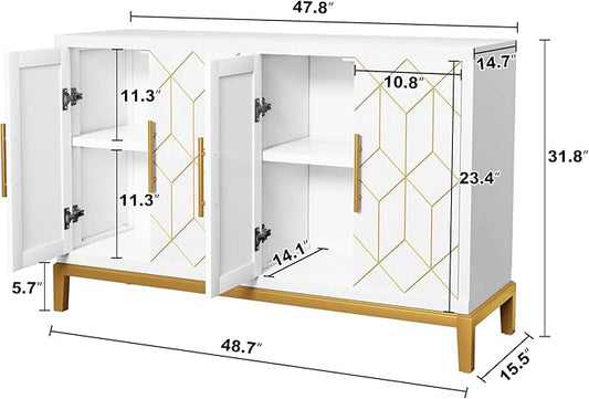 47.8" Accent Storage Cabinet with 4 Doors, Modern Sideboard Buffet Cabinet with Gold Lines, Wood Decorative Credenza with Storage for Living Room, Kitchen, Dining Room, Entryway, White