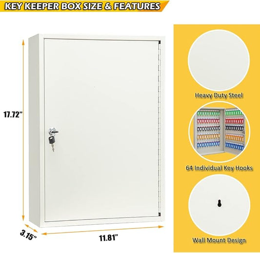 Furnishh Key Lock Box Wall Mount 64 Position Metal Locking Key Cabinet Organizer with Key Tags Key Safe Security Storage Lockbox Holder for Valets, Hotels, Car and House Keys, Key Keeper Box - White