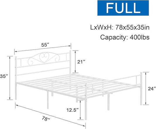 VECELO Full Size Metal Platform Bed Frame with Headboard and Footboard, Heavy Duty Mattress Foundation with Steel Slats Support, No Box Spring Needed, White