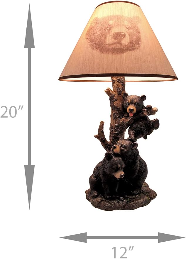 Zeckos Rustic Black Bear Family Table Lamp - Lodge-Inspired Home Lighting - 20" Tall Resin Construction - Charming Bear Face Print Shade - Ideal for Cabins and Dens