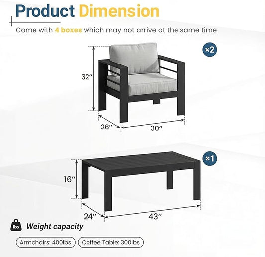 Solaste Aluminum Patio Furniture Set for All Weather, Oversized Metal Outdoor Furniture Set with 27.5" Deep Seating and 3.2" Wide Armrest, Outdoor Patio Conversation Sets with 10" Back Suport Cushion